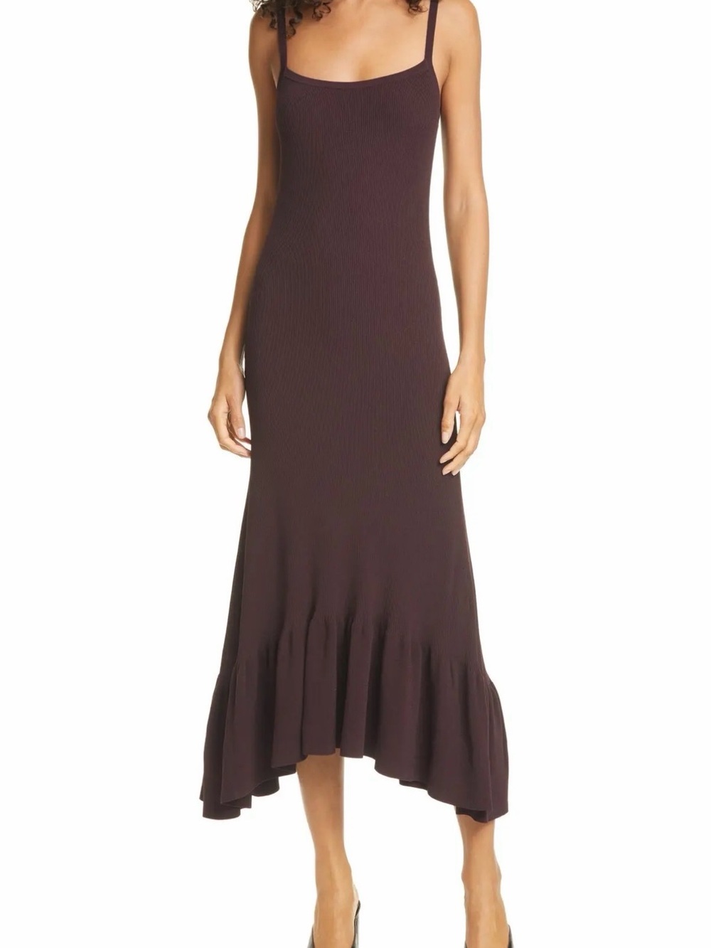 A.L.C. Ravenel Ribbed Knit Dress Medjool Plum Ruffle Hem Maxi Spaghetti Strap XL